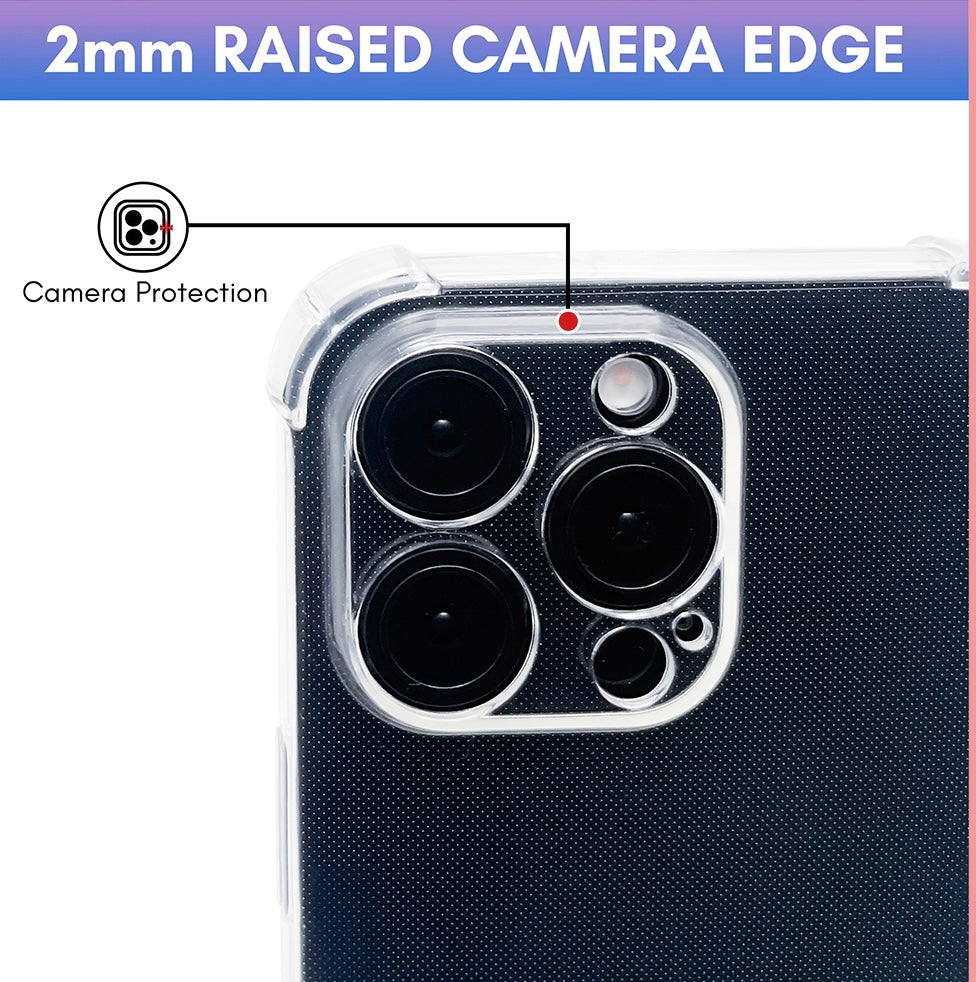 Digitile Hub ShockGuard TPU phone case close-up showing 2mm raised camera edge – compatible with multiple iPhone models – stock photo