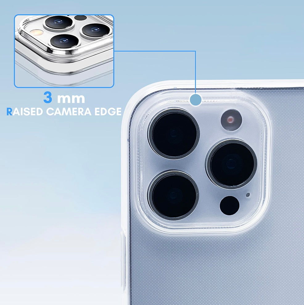 Digitile Hub LiteGuard TPU phone case close-up showing 3 mm raised camera edge protection – compatible with multiple iPhone models – stock photo