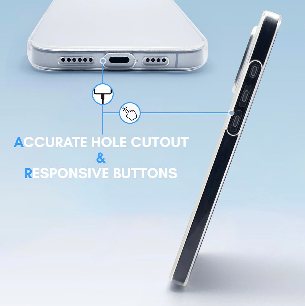 Digitile Hub LiteGuard TPU phone case close-up showing accurate cut out hole and responsive button – compatible with multiple iPhone models – stock photo